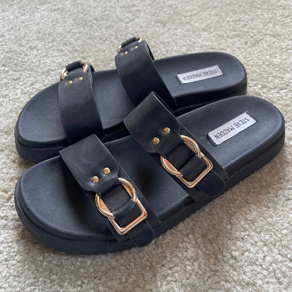 Steve Madden Black Slide Sandals with Rose Gold Buckles